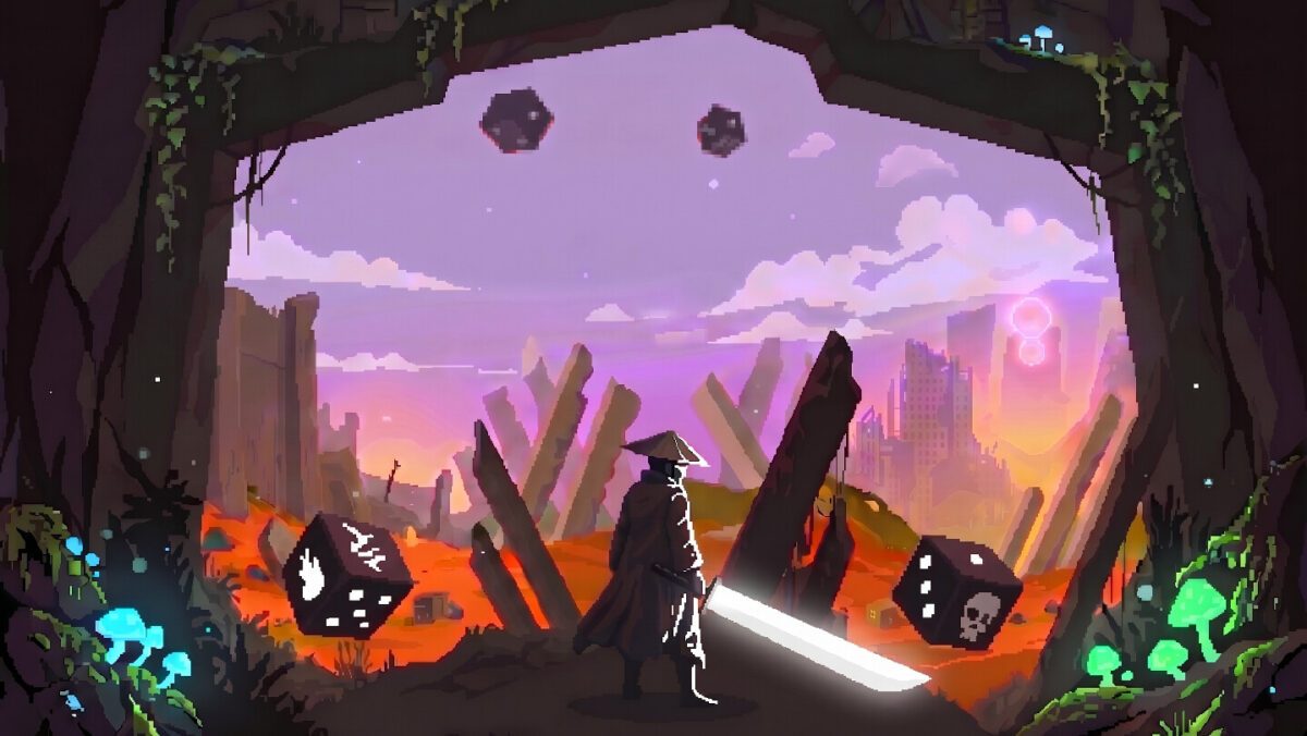 Kleromancy - arte oficial de un guerrero con espada rodeado de dados en un paisaje en ruinas - Juegosrpg.com