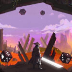 Kleromancy - arte oficial de un guerrero con espada rodeado de dados en un paisaje en ruinas - Juegosrpg.com