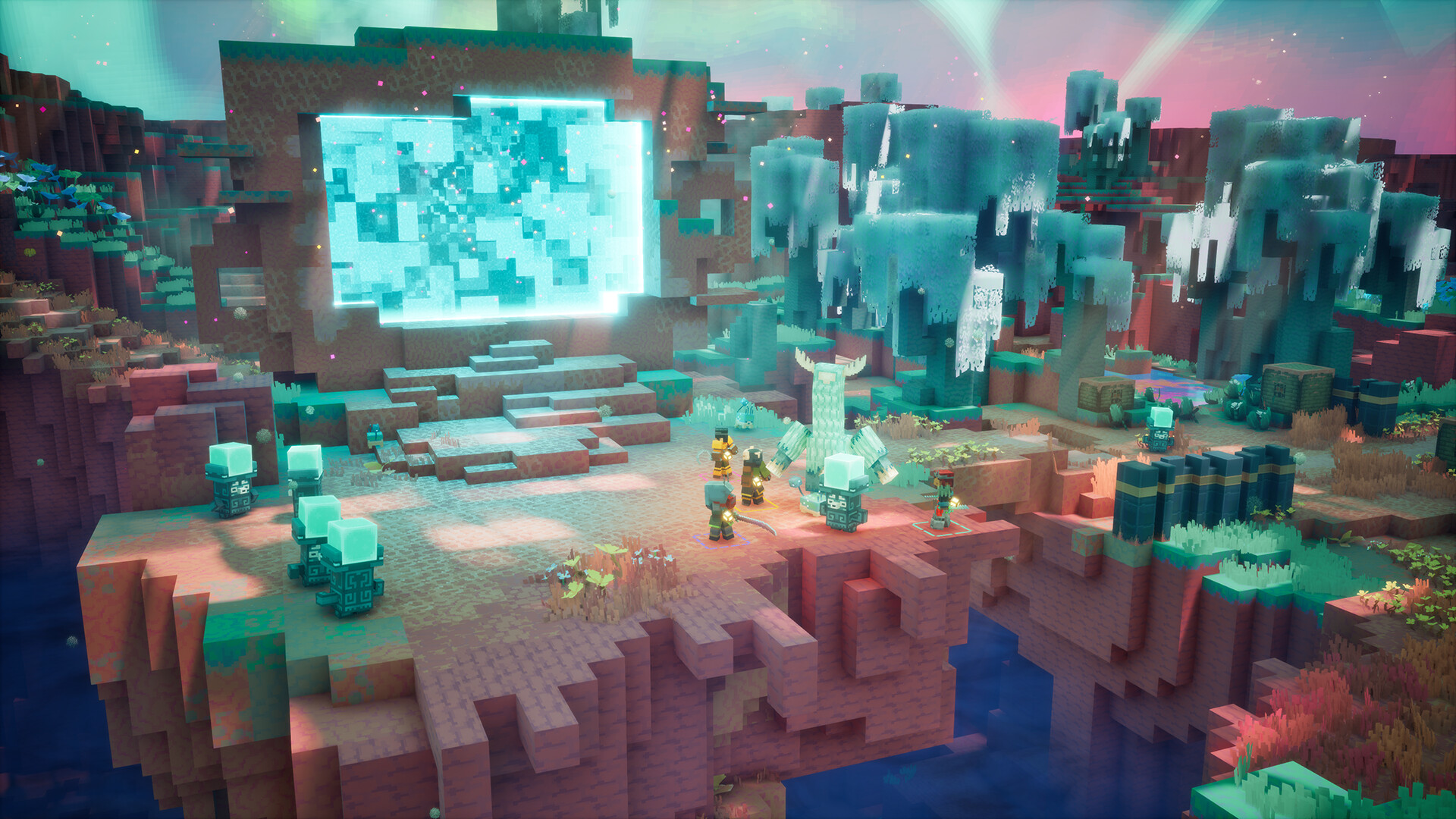 Minecraft Dungeons II - plataforma flotante con un portal brillante y árboles azulados - Juegosrpg.com