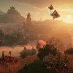 Enshrouded - atardecer sobre un valle con ruinas y criaturas voladoras - Juegosrpg.com