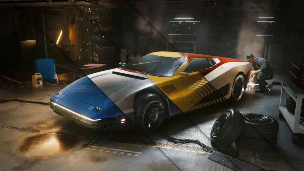 Cyberpunk 2077 - coche deportivo de colores en un garaje con un mecánico trabajando - Juegosrpg.com