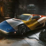 Cyberpunk 2077 - coche deportivo de colores en un garaje con un mecánico trabajando - Juegosrpg.com