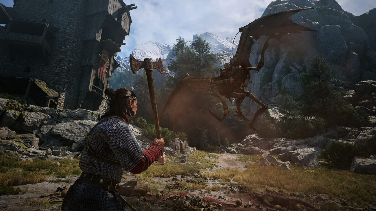 The Blood of Dawnwalker - Coen con un hacha en mano frente a una criatura alada en las montañas de Vale Sangora - Juegosrpg.com