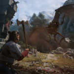 The Blood of Dawnwalker - Coen con un hacha en mano frente a una criatura alada en las montañas de Vale Sangora - Juegosrpg.com
