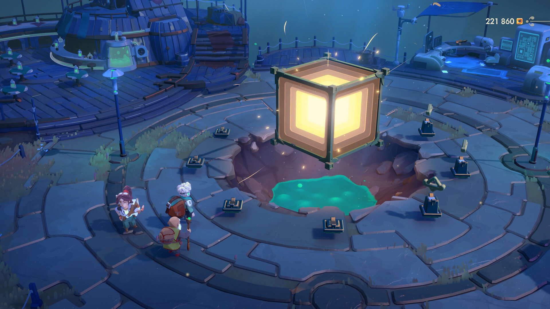 Moonlighter 2 The Endless Vault - el cubo luminoso de la Endless Vault flotando sobre el pueblo - Juegosrpg.com