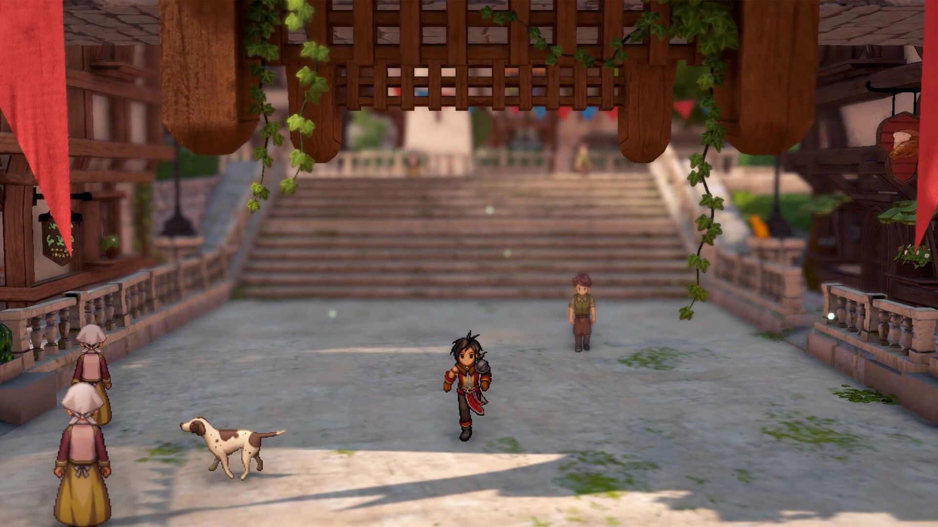 Eiyuden Chronicle Hundred Heroes - protagonista caminando por una plaza con vecinos y un perro - Juegosrpg.com