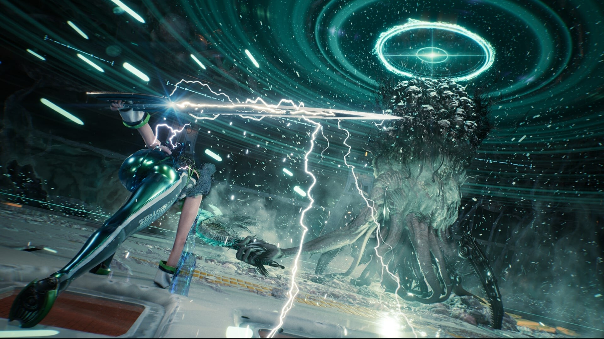 Stellar Blade - Eve en combate contra un enemigo gigante entre descargas eléctricas - Juegosrpg.com