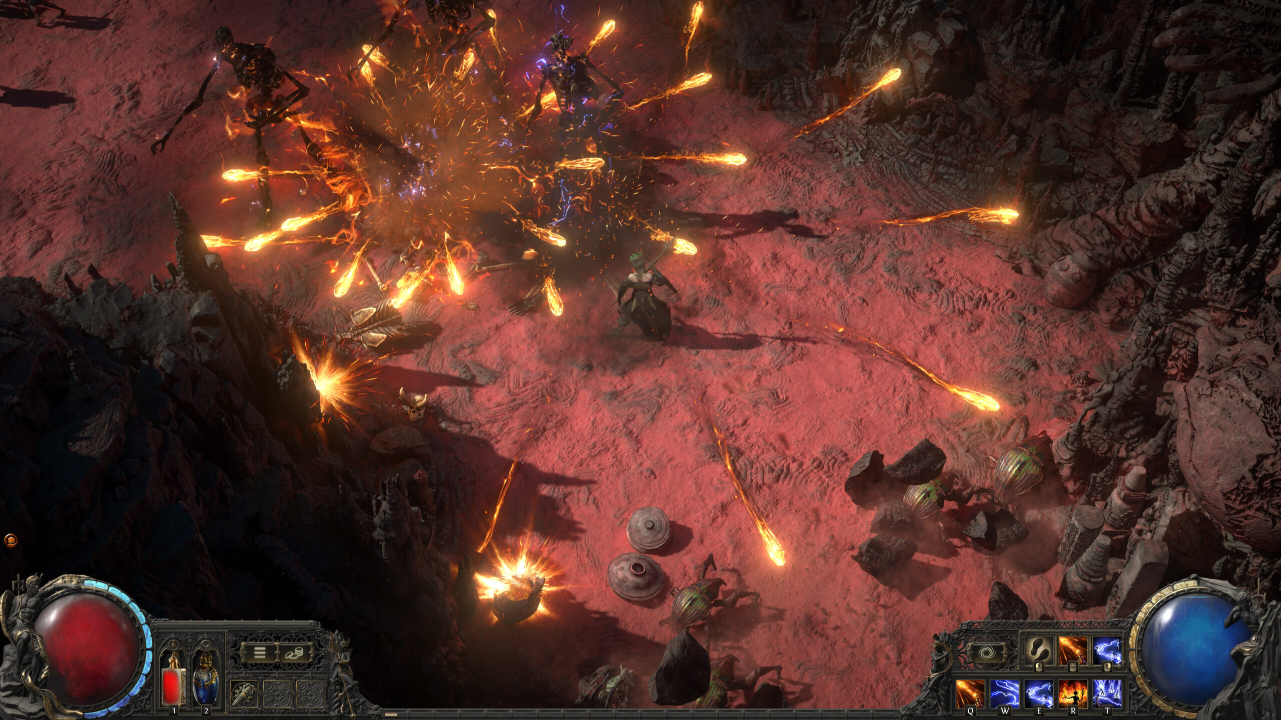 Path of Exile 2 - explosiones de fuego y chispas en medio de una batalla - Juegosrpg.com