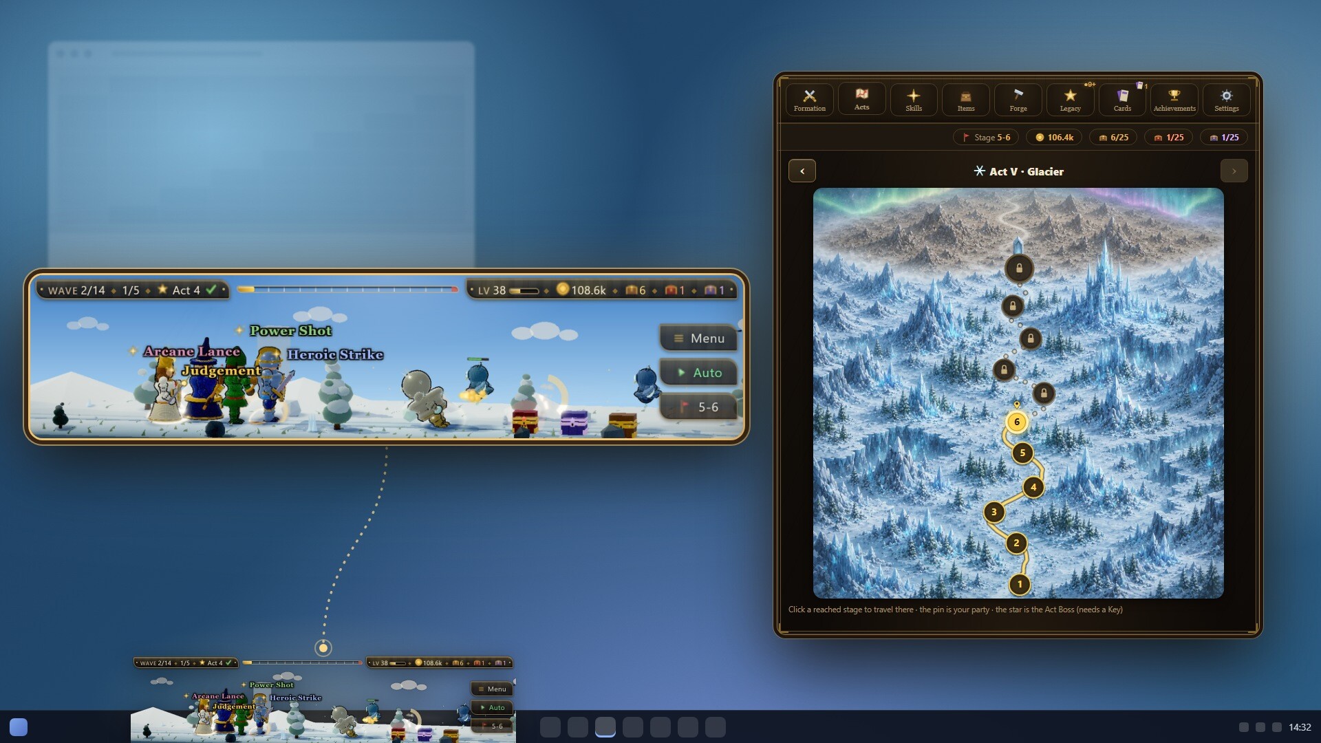 Taskbar Quest - grupo de héroes en la barra de tareas y mapa del Acto V en el Glaciar - Juegosrpg.com