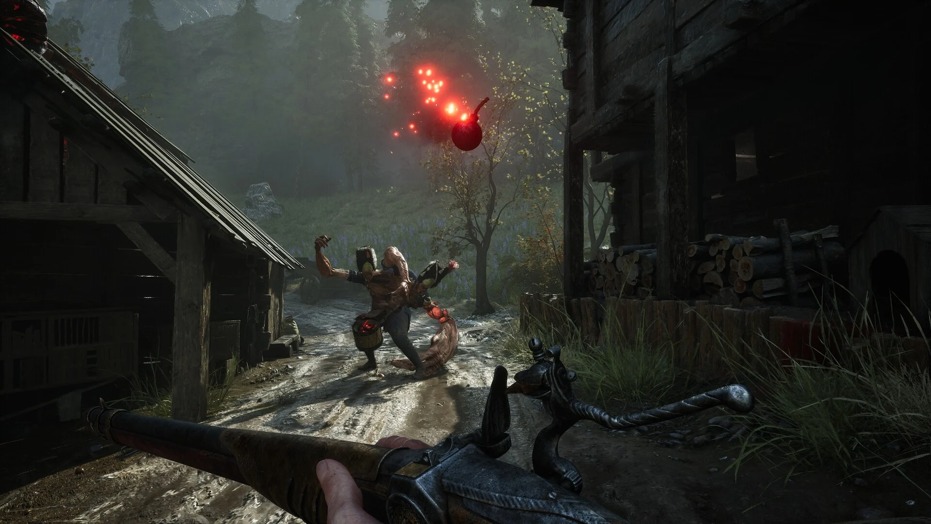 Valor Mortis - apuntando con el mosquete a un granadero con bolsa explosiva brillante - Juegosrpg.com