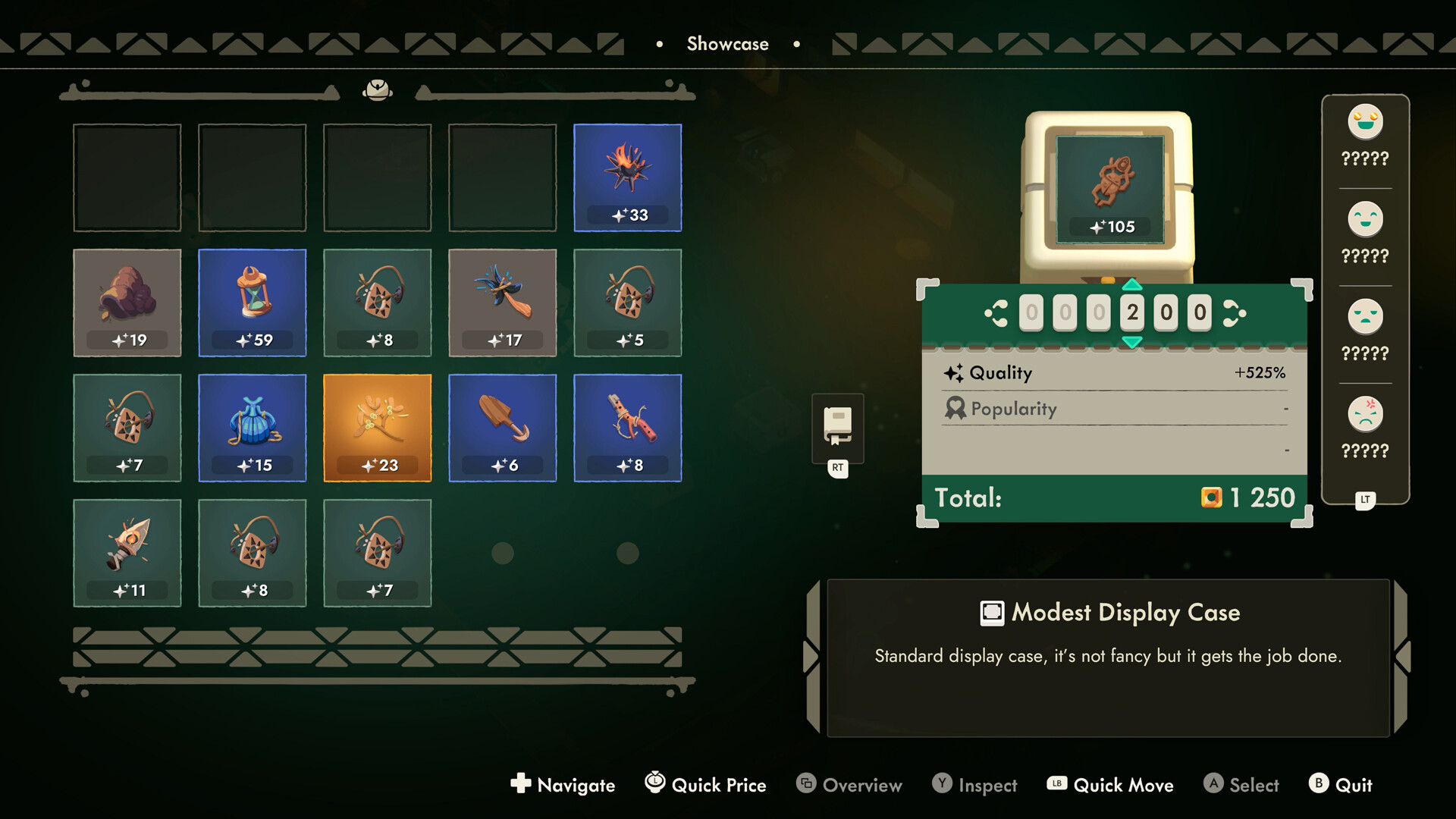 Moonlighter 2 The Endless Vault - menú de la vitrina con reliquias y precio de venta - Juegosrpg.com