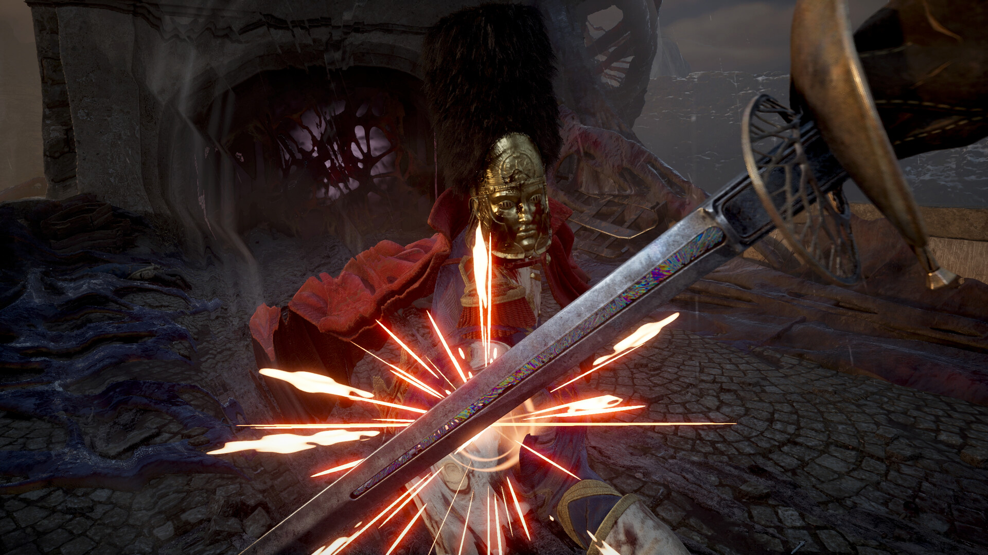 Valor Mortis - parada con sable que genera chispas frente a un enemigo con mascara dorada - Juegosrpg.com