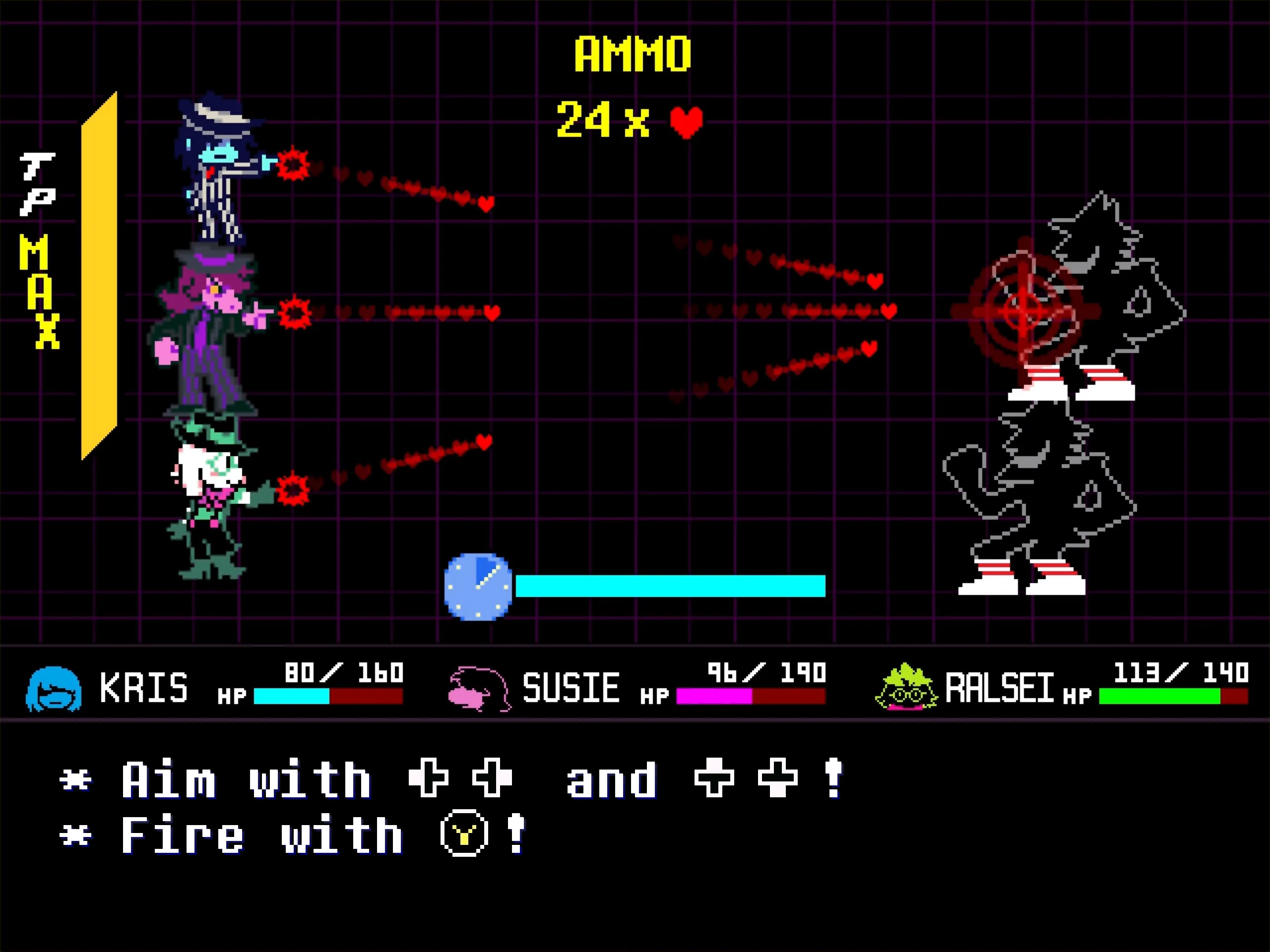 Deltarune - Kris, Susie y Ralsei disparando corazones en un minijuego de puntería - Juegosrpg.com