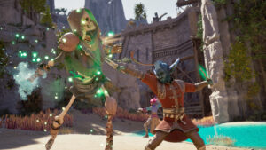 Avowed - combate cuerpo a cuerpo contra un esqueleto encapuchado - Juegosrpg.com