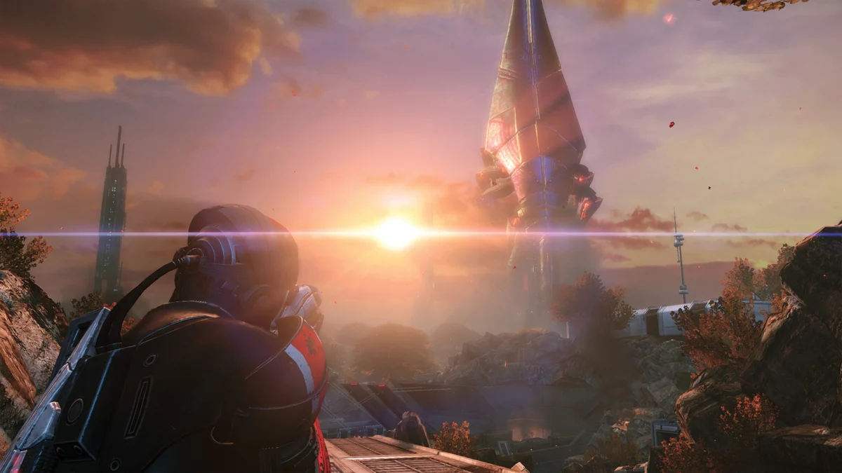 Mass Effect Legendary Edition - Shepard frente a un segador al atardecer - Juegosrpg.com