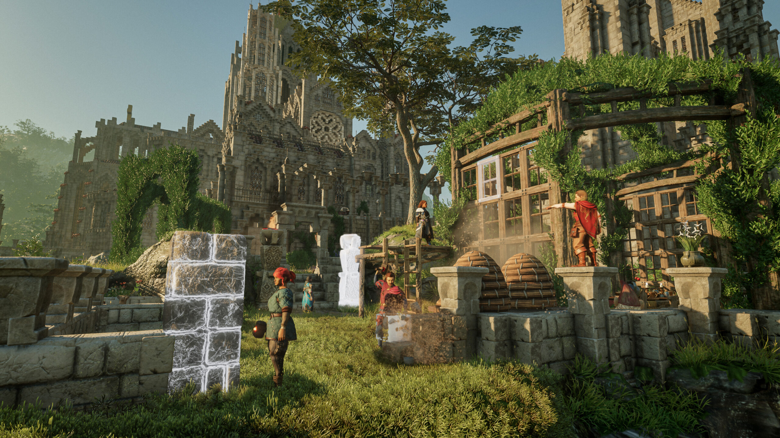 Enshrouded - asentamiento entre ruinas cubiertas de vegetacion con aldeanos y construcciones de piedra - Juegosrpg.com