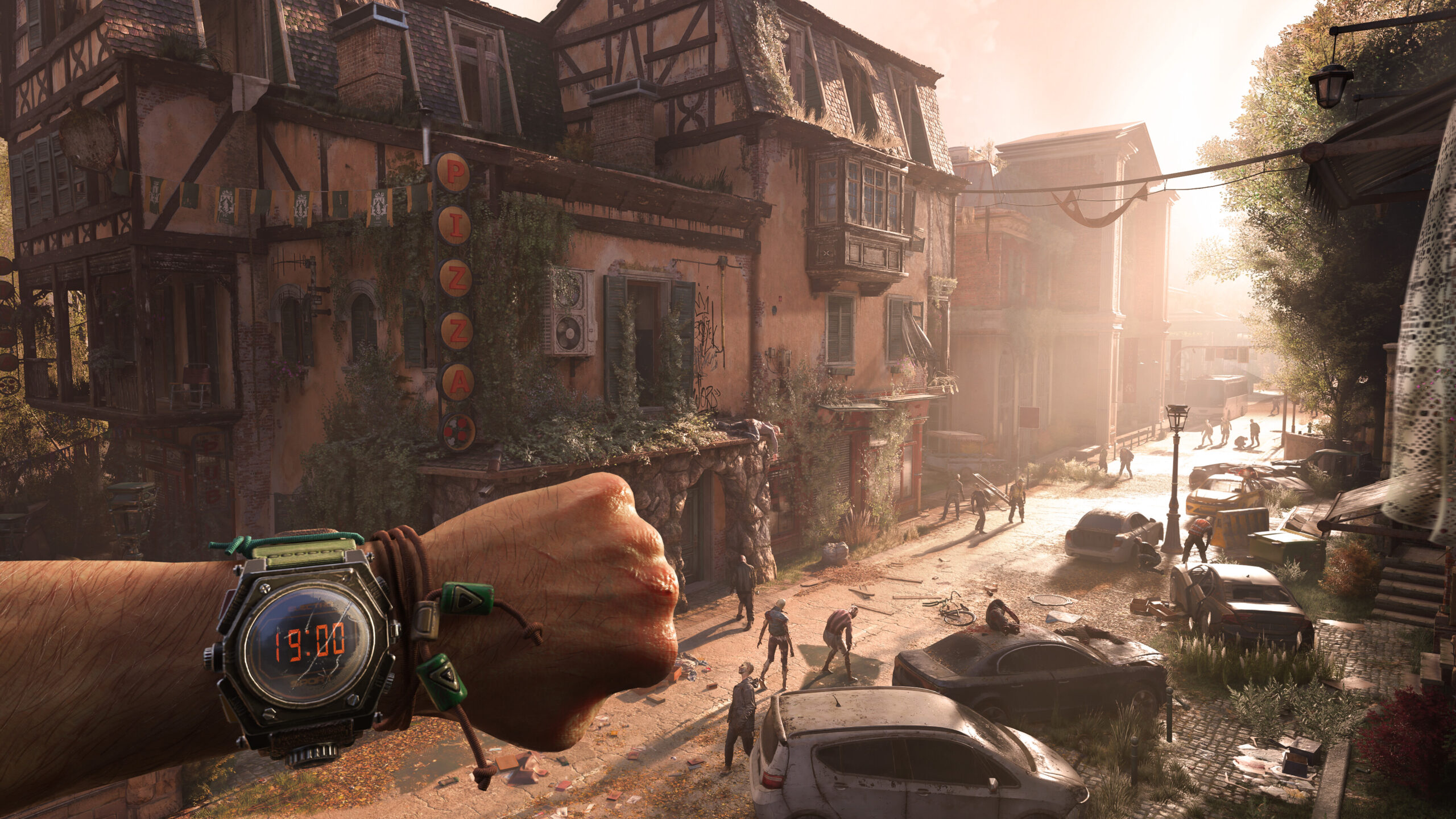 Dying Light The Beast - Kyle Crane mirando su reloj en una calle de Castor Woods con infectados - Juegosrpg.com