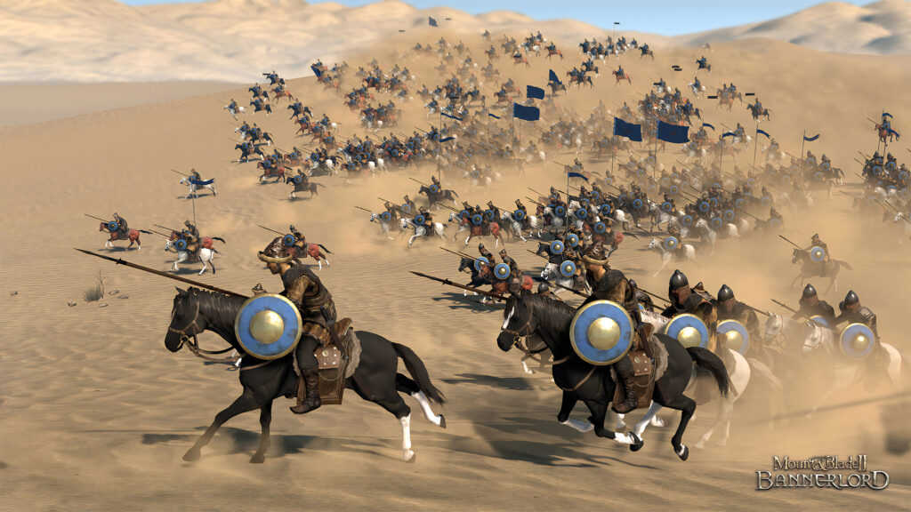 Mount & Blade II Bannerlord - jinetes con escudo cargando por el desierto en plena batalla - Juegosrpg.com