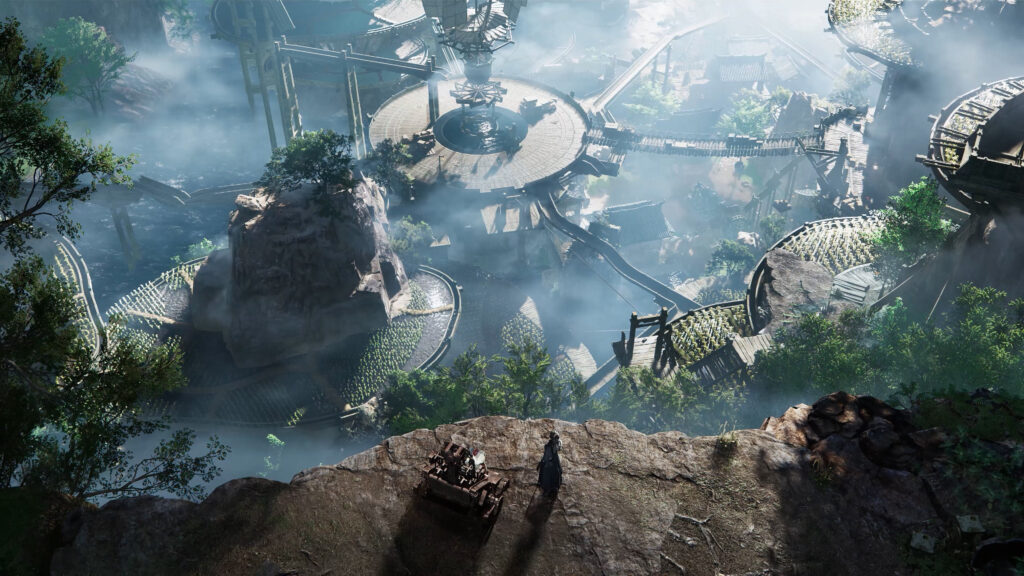 Where Winds Meet - vista aérea de un paisaje con estructuras mecánicas gigantes y un viajero en un acantilado - Juegosrpg.com