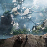 Where Winds Meet - vista aérea de un paisaje con estructuras mecánicas gigantes y un viajero en un acantilado - Juegosrpg.com