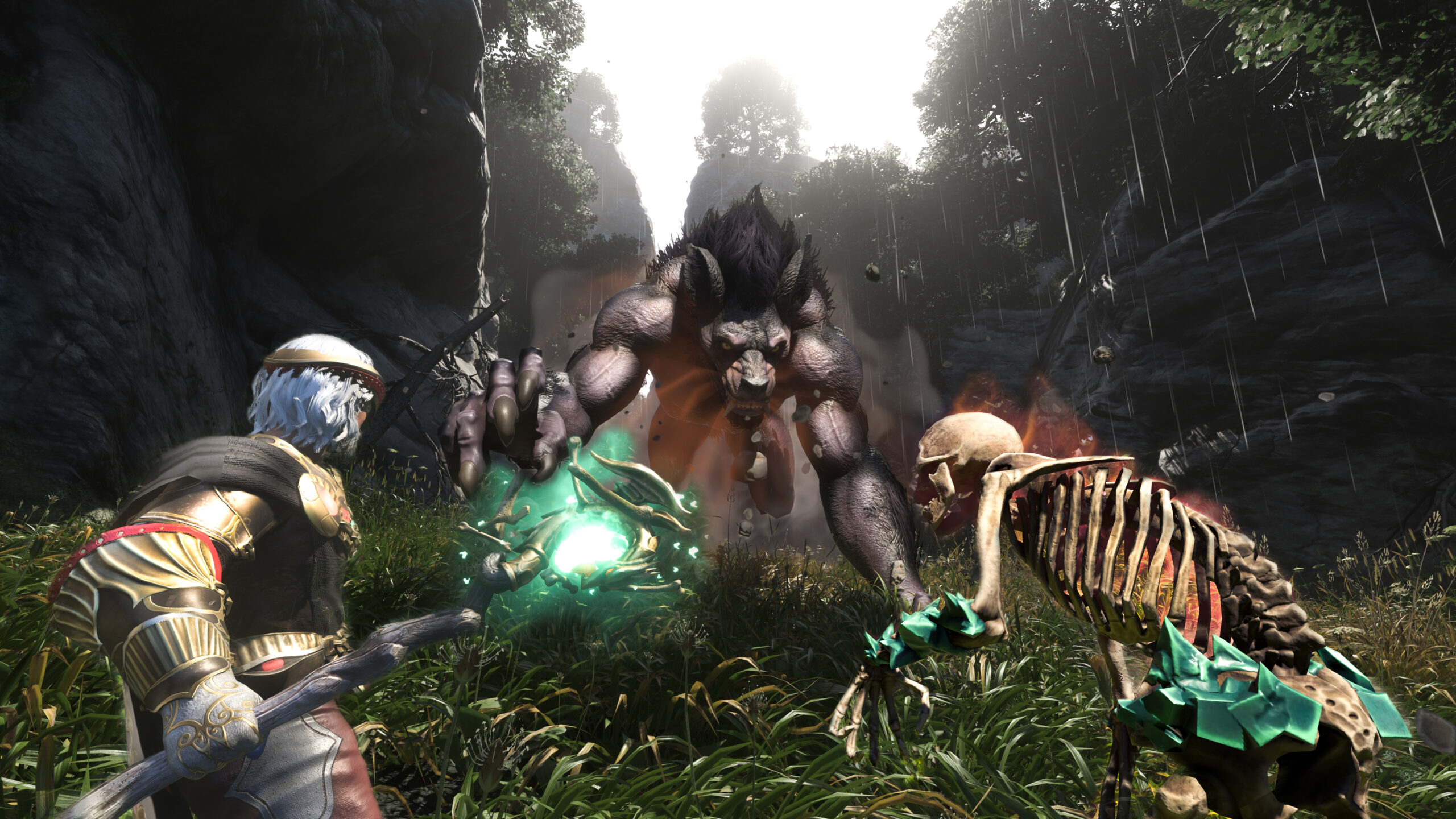 Enshrouded - aventurero con casco enfrentandose a una bestia y un esqueleto con magia verde - Juegosrpg.com