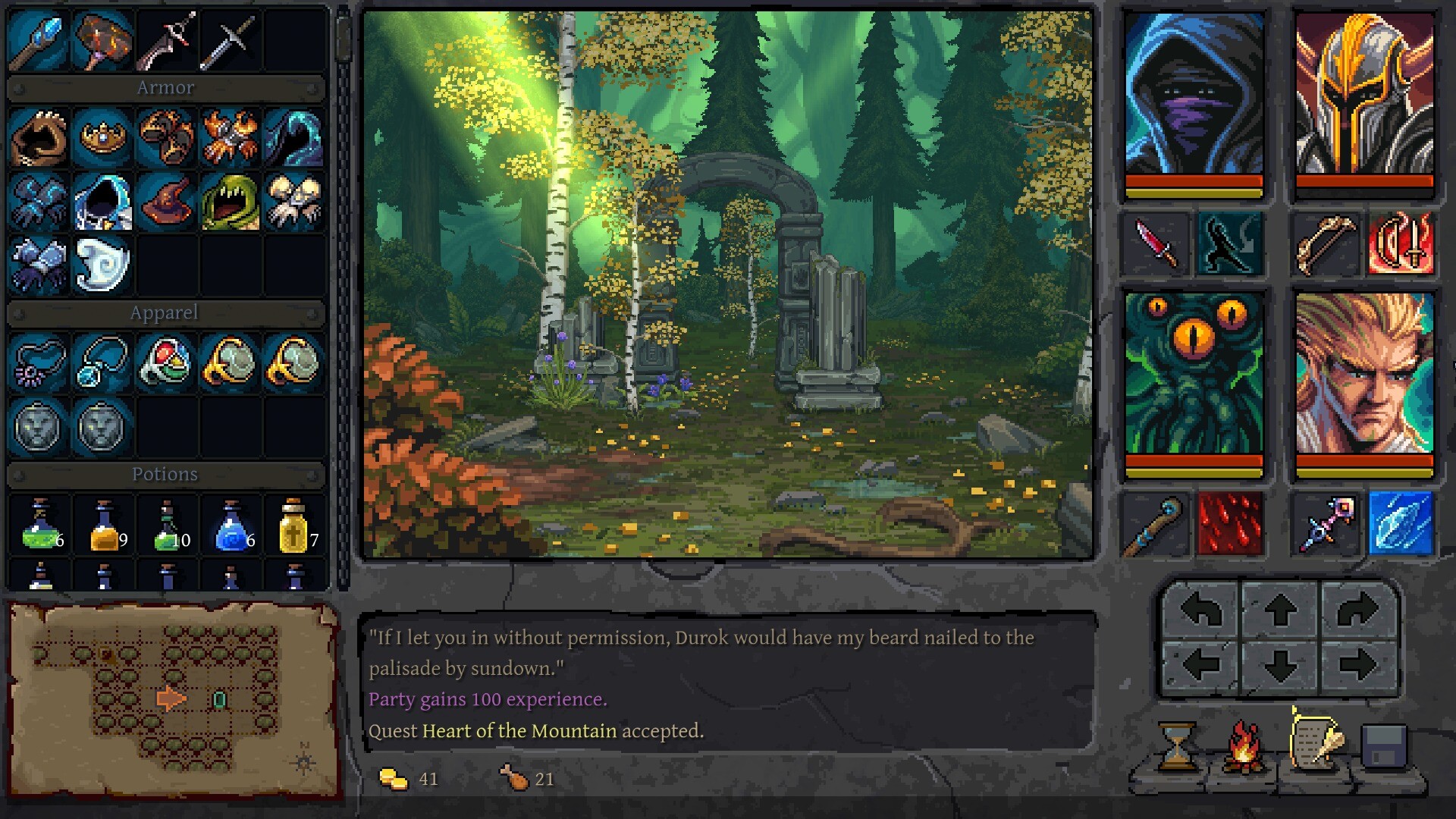Underkeep - grupo de cuatro aventureros explorando un bosque por cuadrícula - Juegosrpg.com