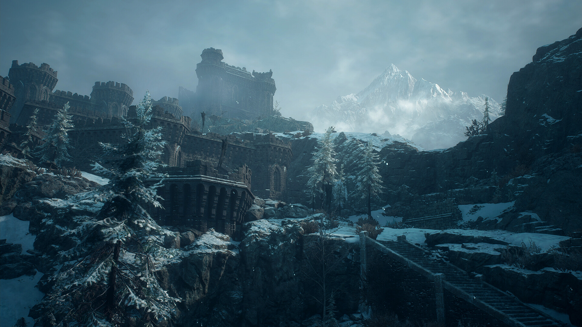Dragon's Dogma 2 - paisaje nevado de Norgan con ruinas de piedra y montañas al fondo - Juegosrpg.com