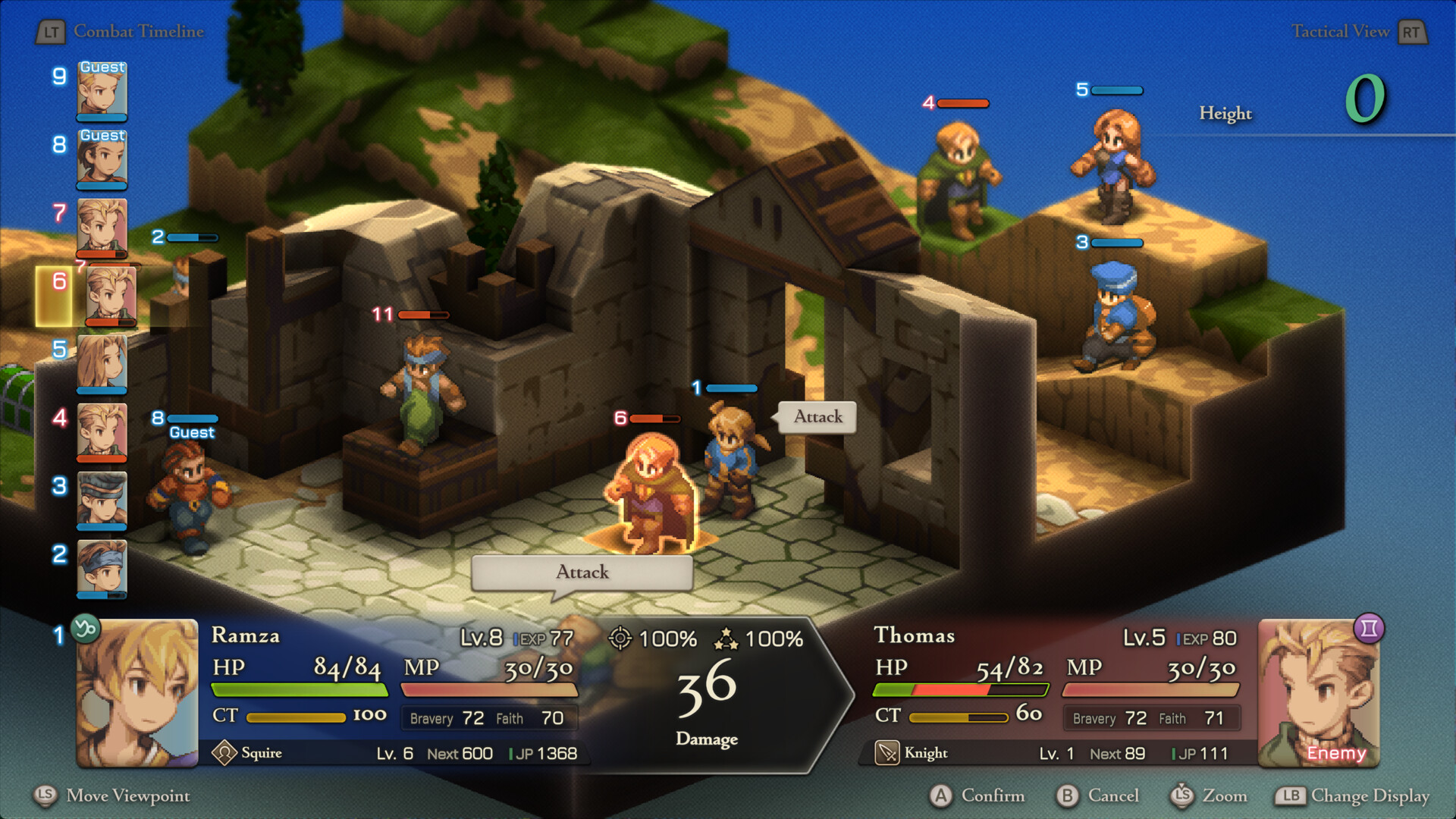 Final Fantasy Tactics The Ivalice Chronicles - Ramza atacando a Thomas con el cálculo de daño en pantalla - Juegosrpg.com