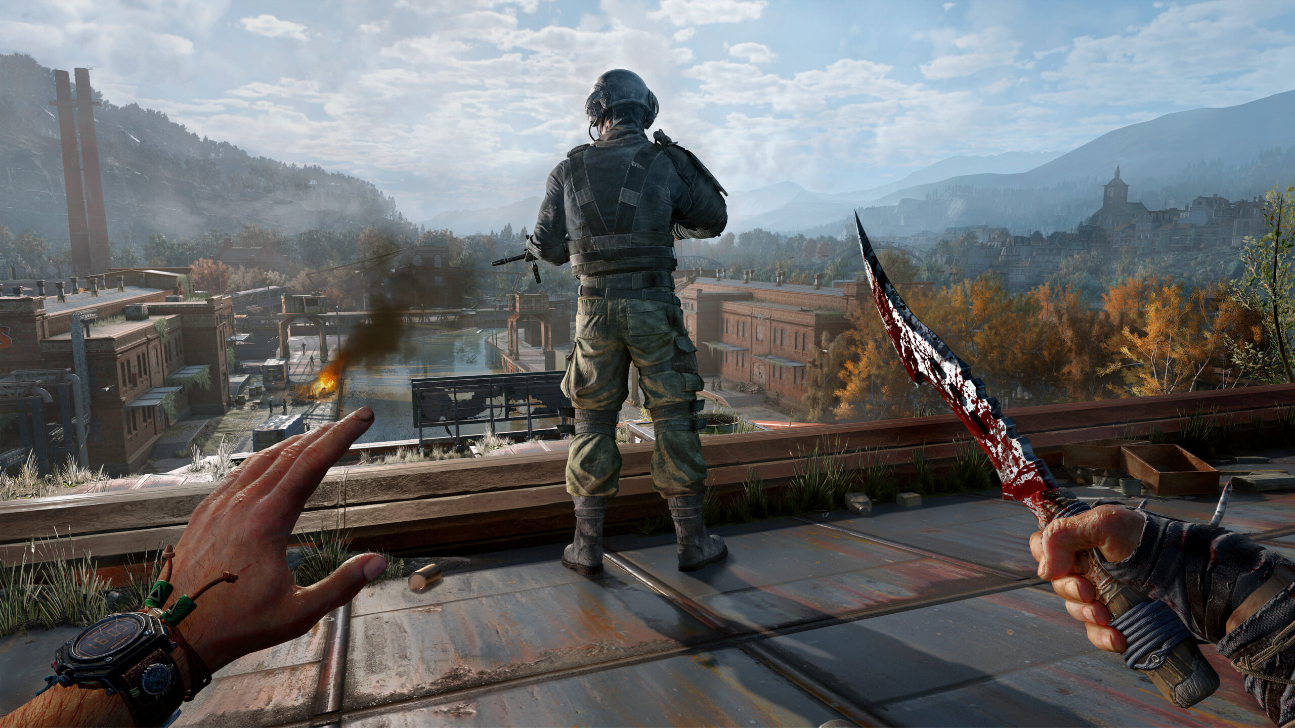 Dying Light The Beast - vista en primera persona con cuchillo ensangrentado sobre un tejado de Castor Woods - Juegosrpg.com