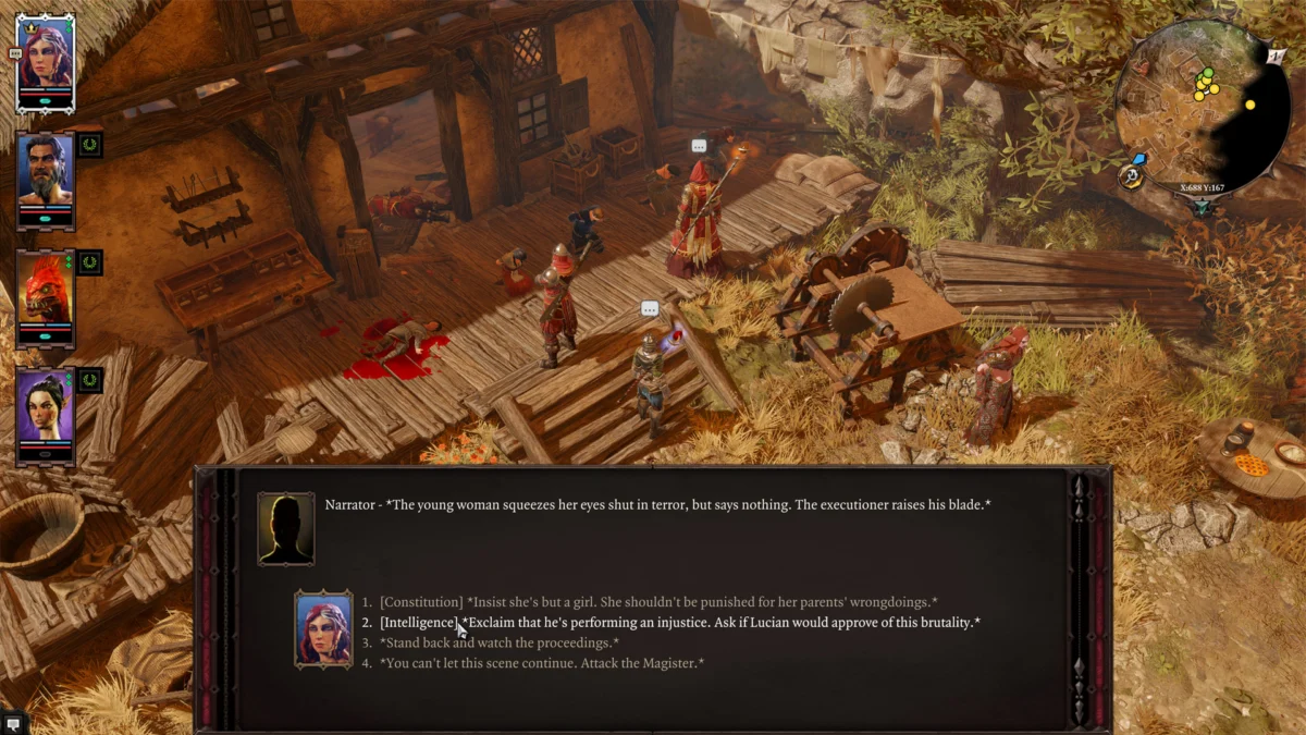 Divinity Original Sin 2 - escena de diálogo con pruebas de atributo en un poblado - Juegosrpg.com