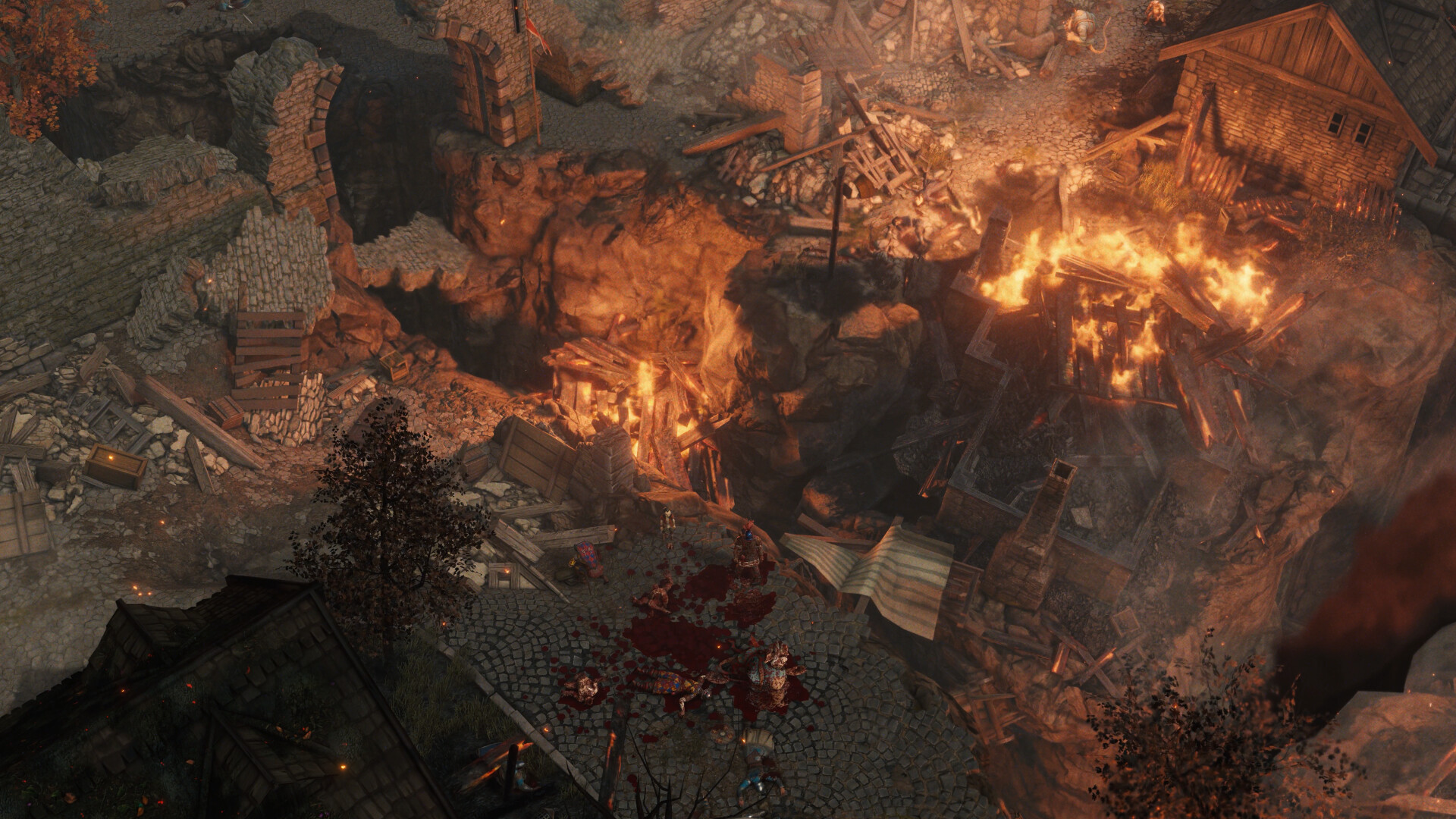 Pathfinder: Wrath of the Righteous - ciudad en ruinas ardiendo tras el ataque demoníaco - Juegosrpg.com