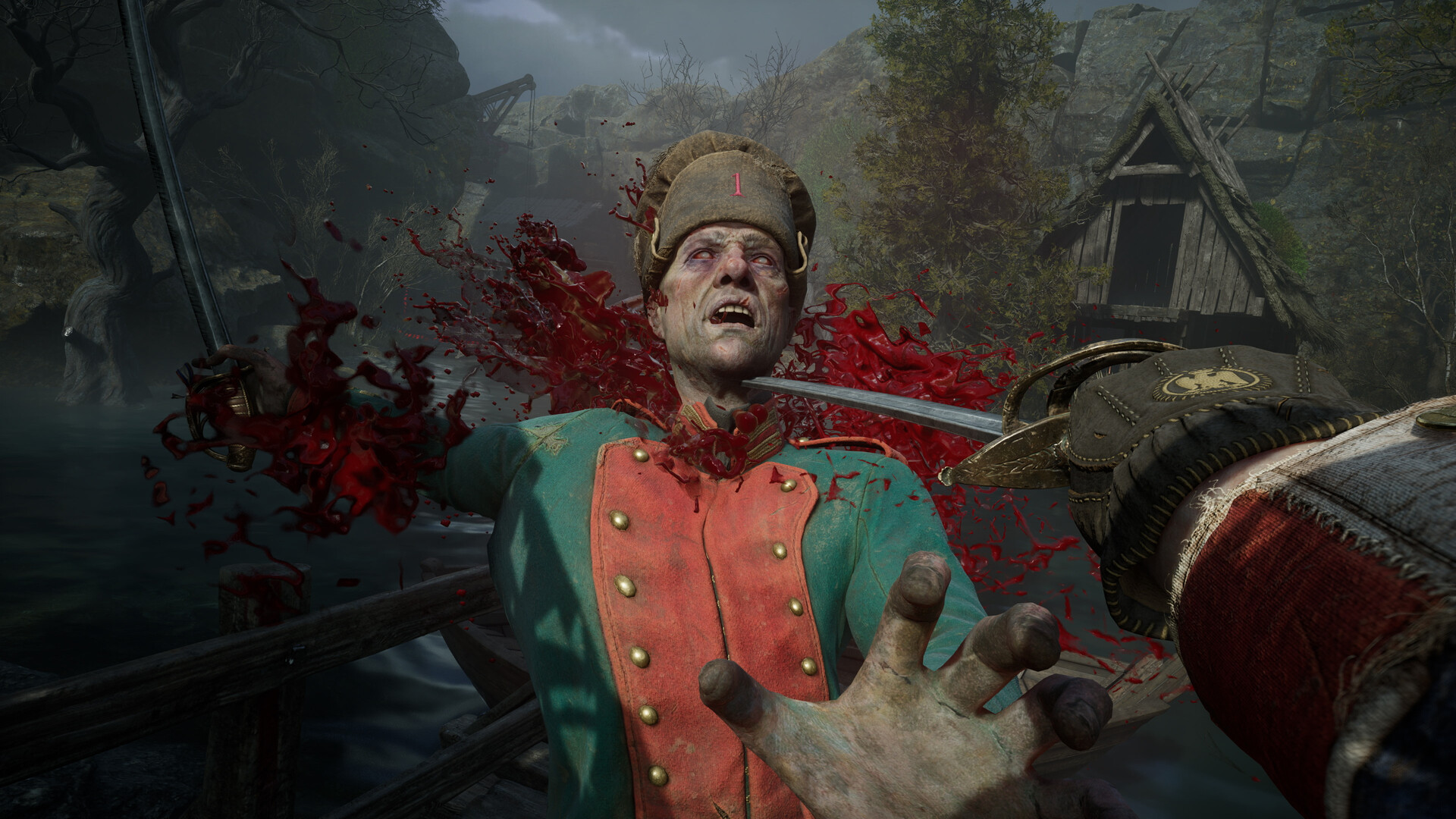 Valor Mortis - ejecucion cuerpo a cuerpo con sable contra un soldado muerto viviente de uniforme verde - Juegosrpg.com