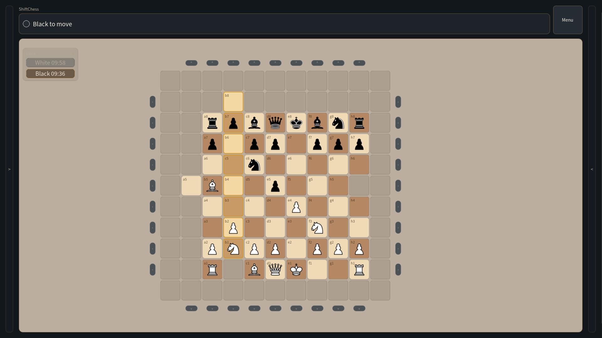 Shift Chess - tablero en tema oscuro con piezas desplazadas a mitad de partida - Juegosrpg.com