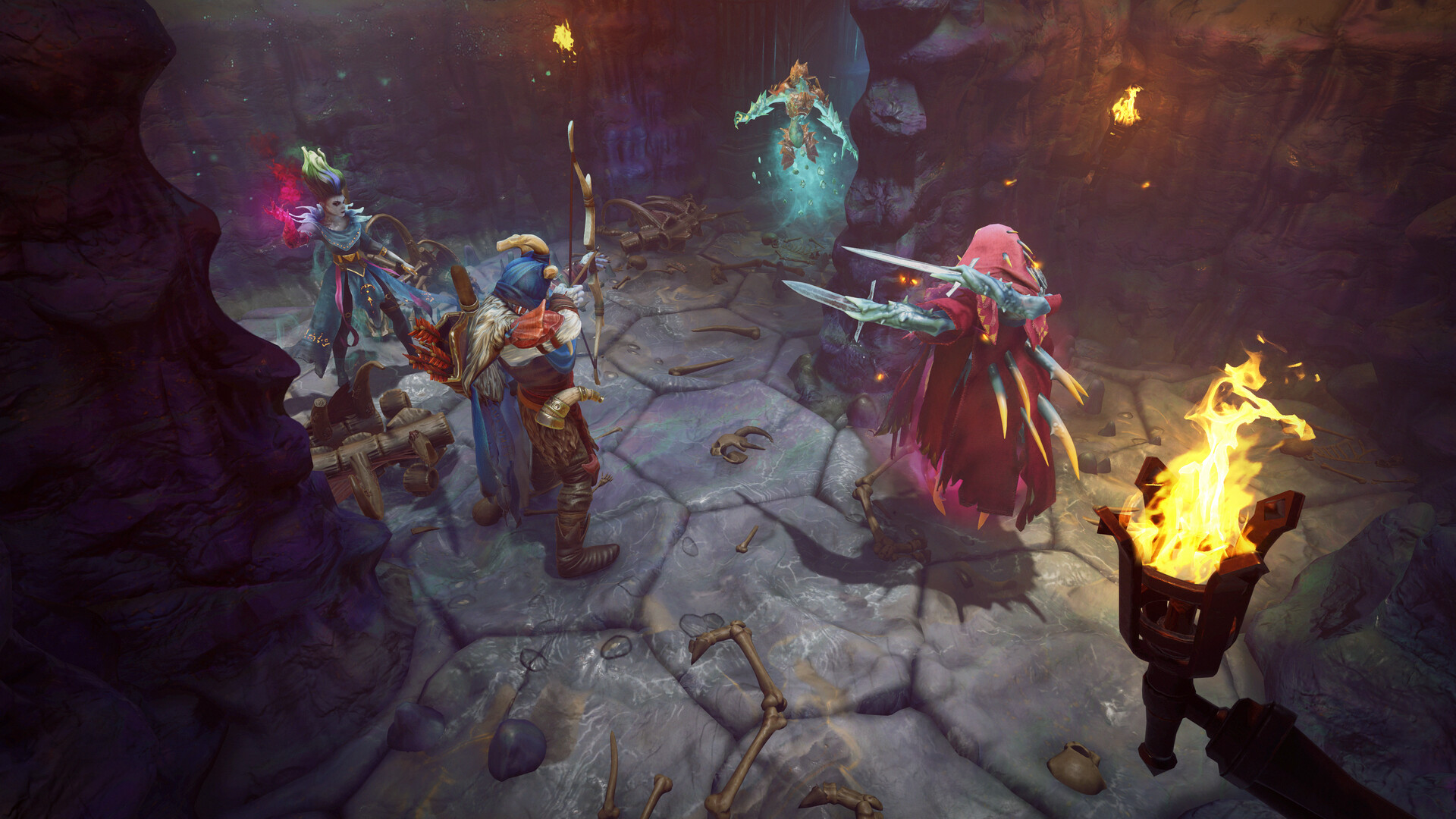 Frosthaven - grupo de héroes con una antorcha en una cueva antes del combate táctico - Juegosrpg.com