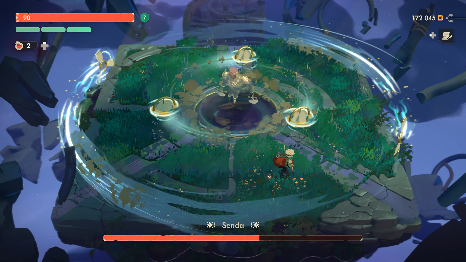 Moonlighter 2 The Endless Vault - combate contra el jefe Senda en una arena cubierta de vegetación - Juegosrpg.com