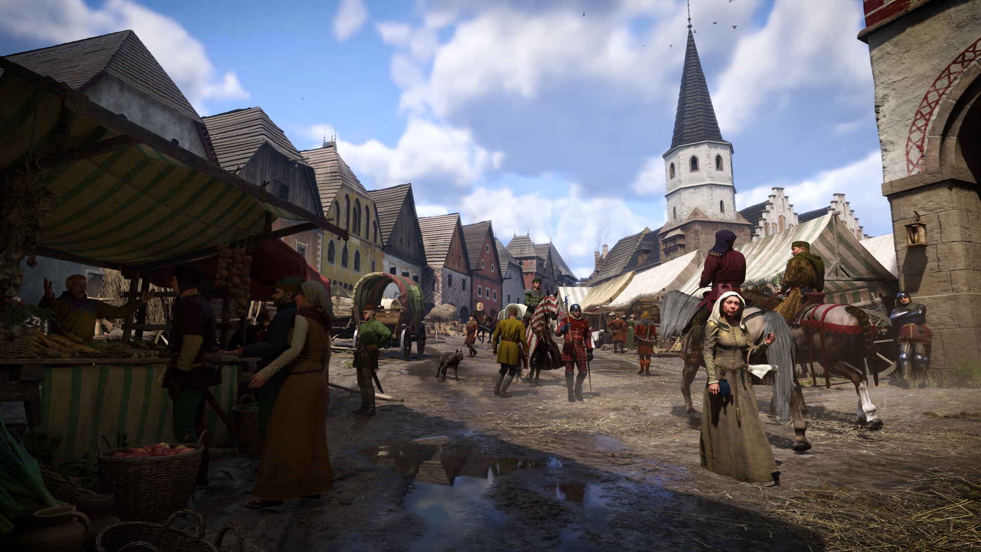 Kingdom Come Deliverance 2 - mercado de una ciudad medieval con puestos, gente y una iglesia al fondo - Juegosrpg.com
