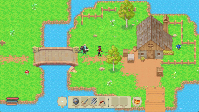 Vida de Aventurero - aldea con puente y casa en su mundo abierto de pixel art