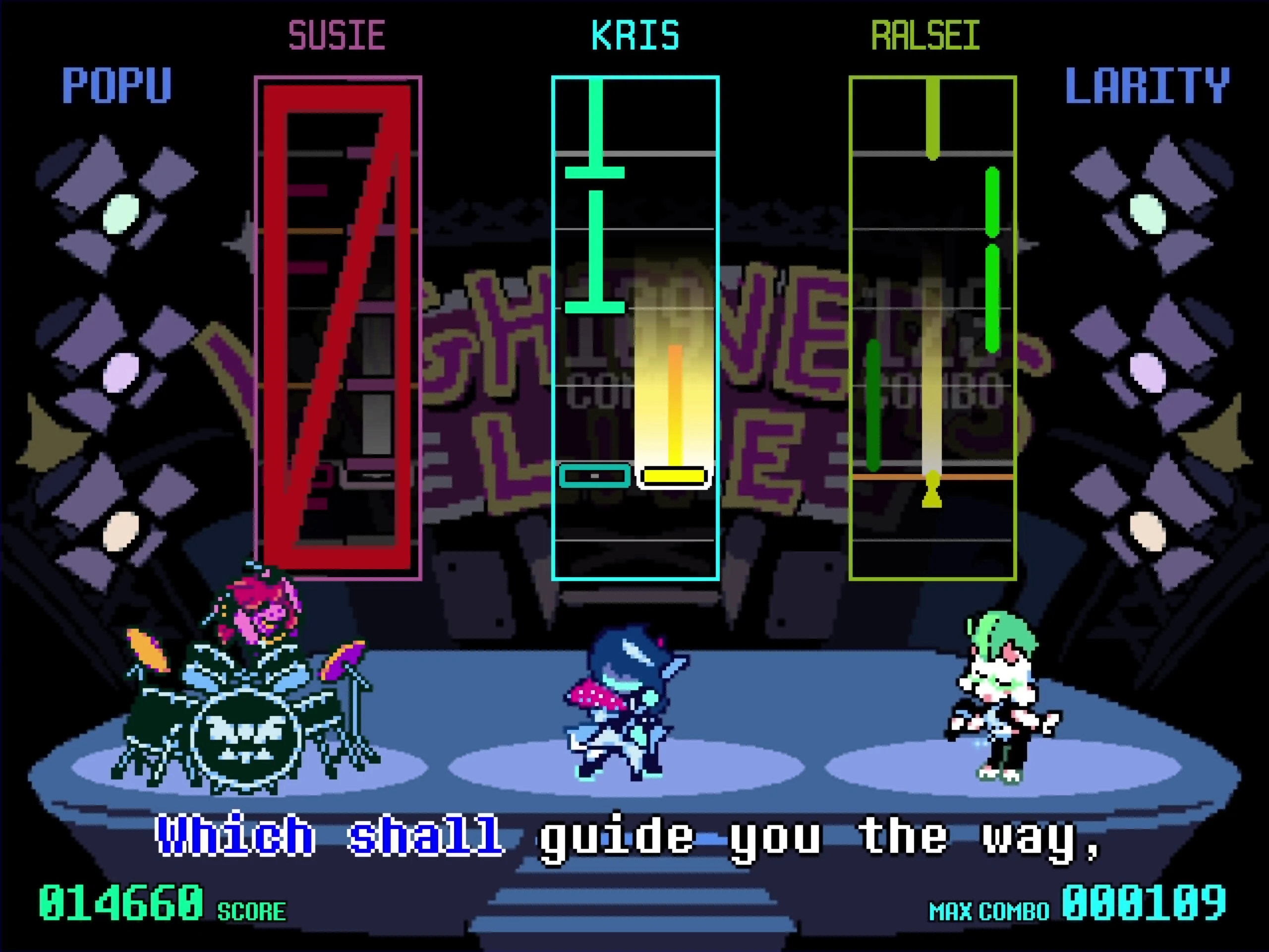 Deltarune - Minijuego musical con Kris, Susie y Ralsei sobre el escenario - Juegosrpg.com
