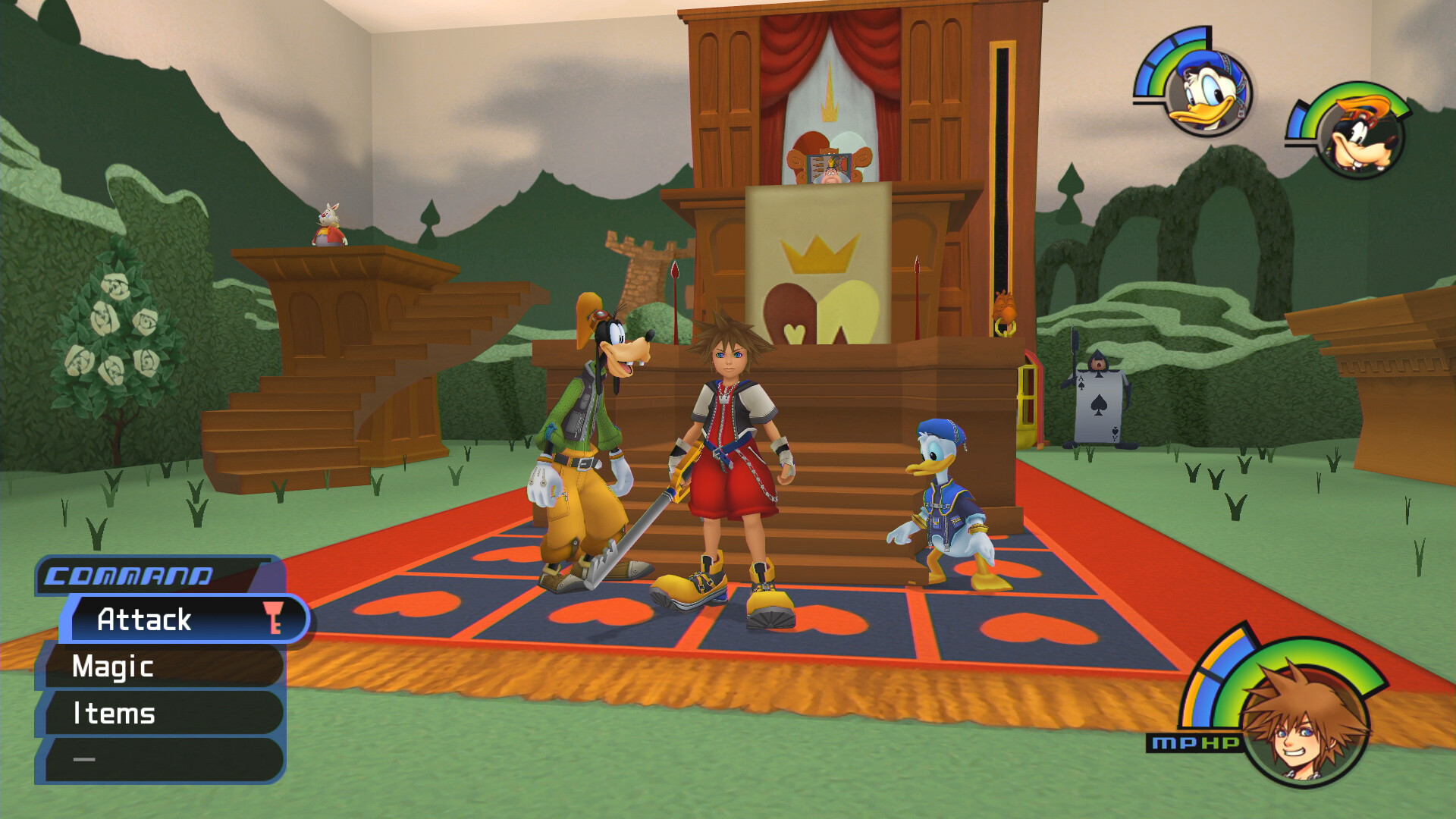 Kingdom Hearts - Sora, Donald y Goofy en el País de las Maravillas del primer Kingdom Hearts - Juegosrpg.com