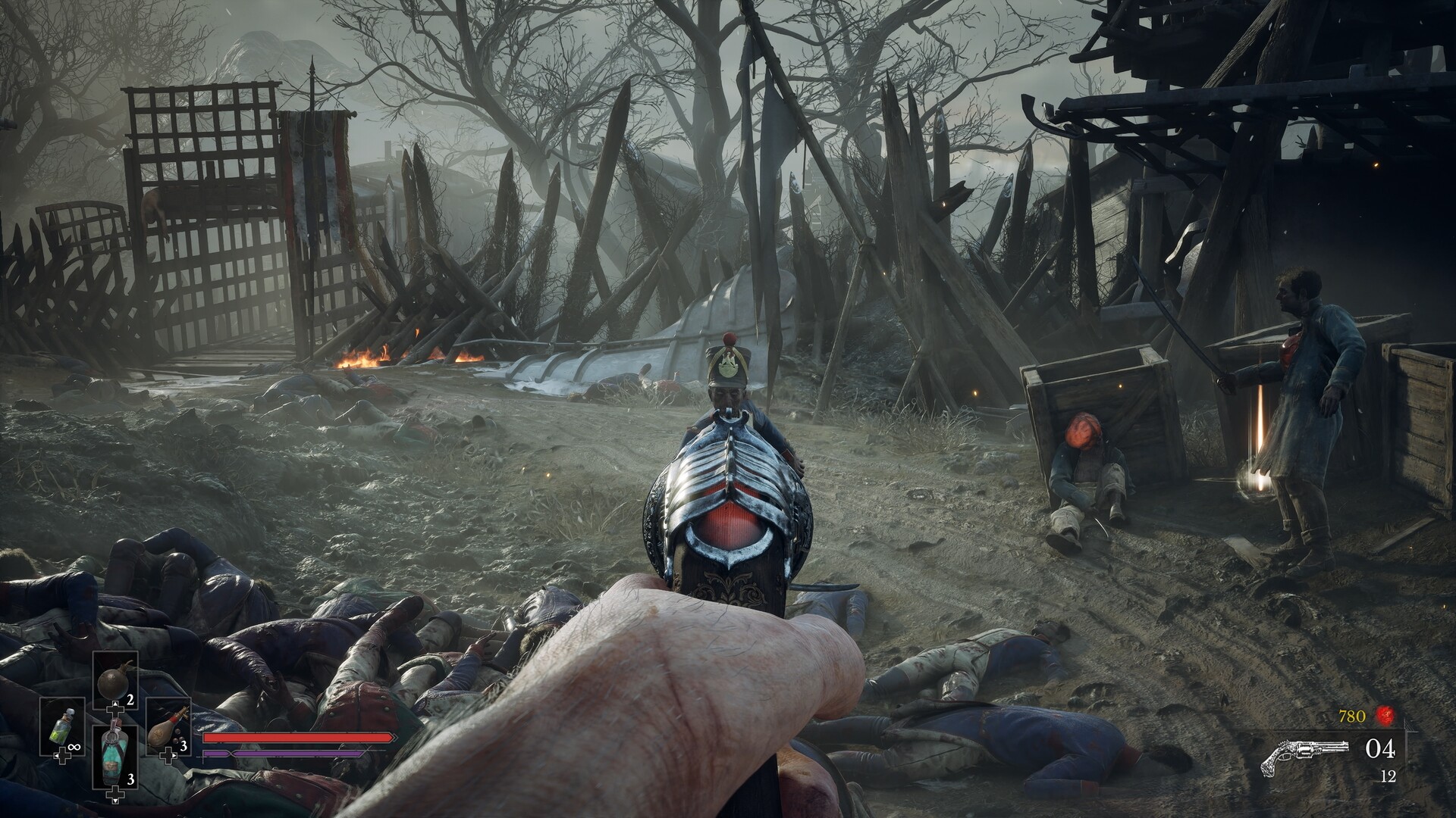 Valor Mortis - disparo con pistola de chispa en primera persona sobre un campo de batalla lleno de cadaveres - Juegosrpg.com