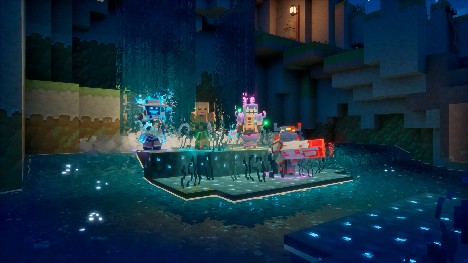 Minecraft Dungeons II - cuatro héroes en cooperativo junto a una cascada nocturna - Juegosrpg.com