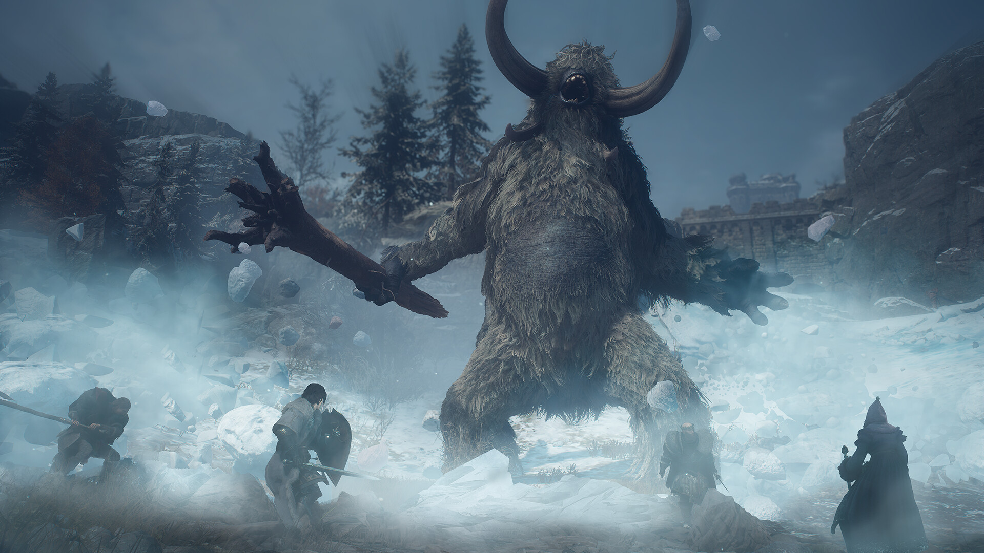 Dragon's Dogma 2 - gigante cornudo entre la nieve frente a un grupo de aventureros en Norgan - Juegosrpg.com