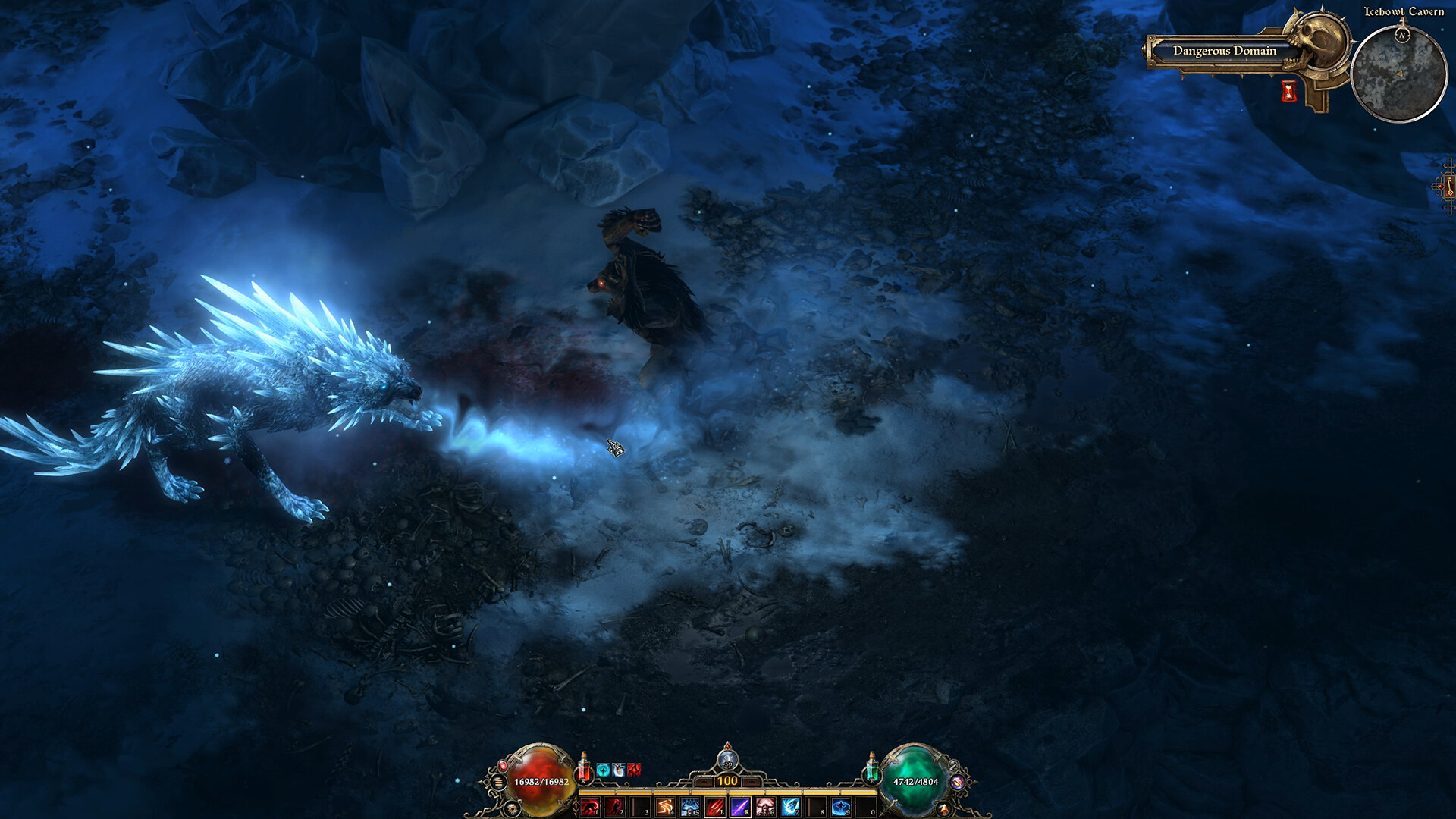 Grim Dawn - Combate contra una bestia de hielo en Fangs of Asterkarn - Juegosrpg.com