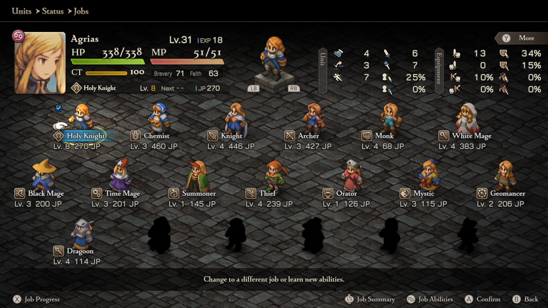 Final Fantasy Tactics The Ivalice Chronicles - pantalla de jobs de Agrias con sus trabajos y JP - Juegosrpg.com