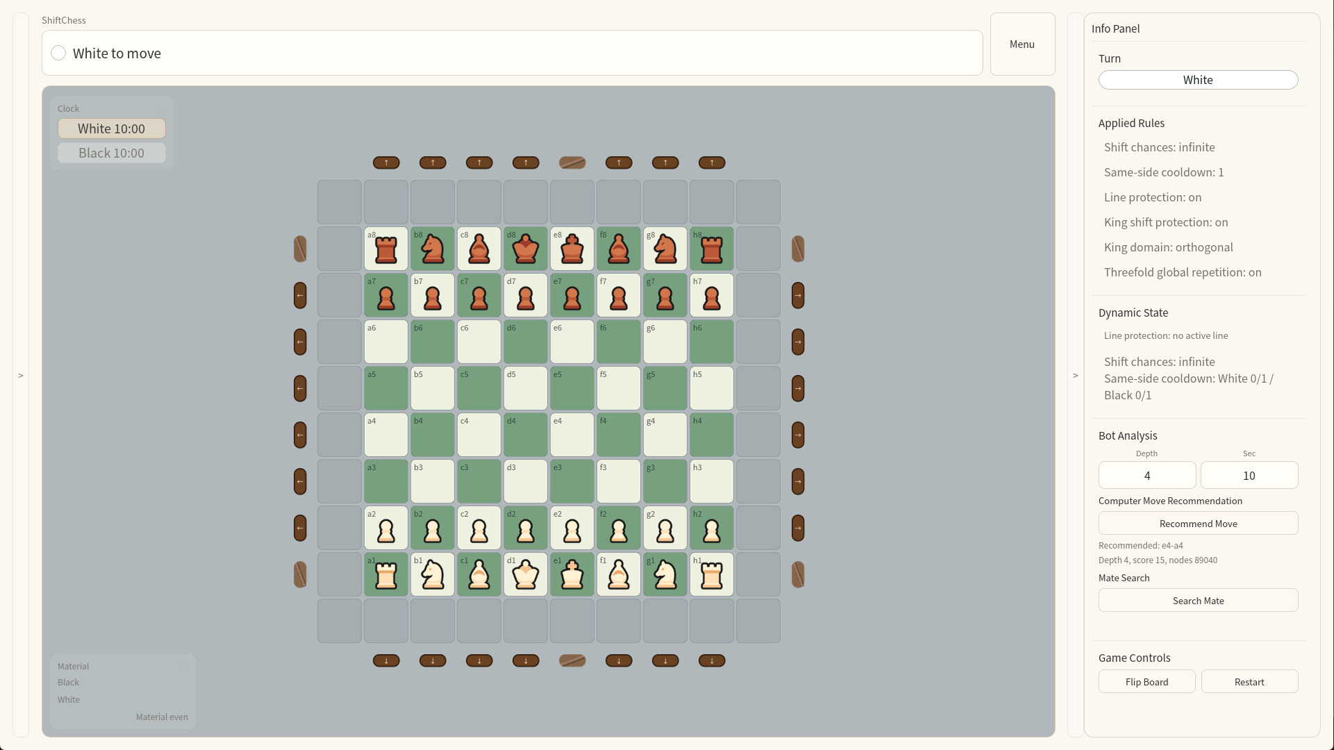 Shift Chess - tablero verde y blanco con las piezas en su posición inicial - Juegosrpg.com