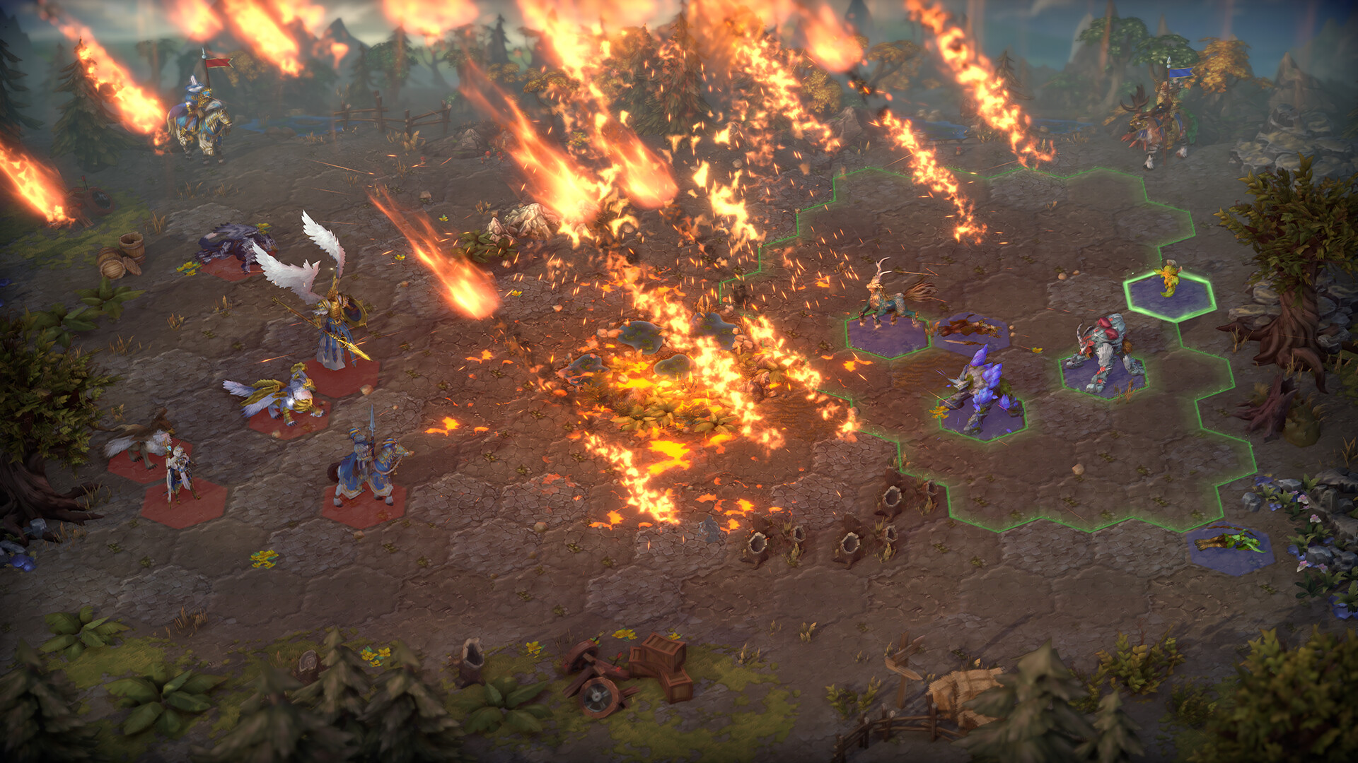 Heroes of Might and Magic: Olden Era - batalla hexagonal con un hechizo de lluvia de meteoros - Juegosrpg.com