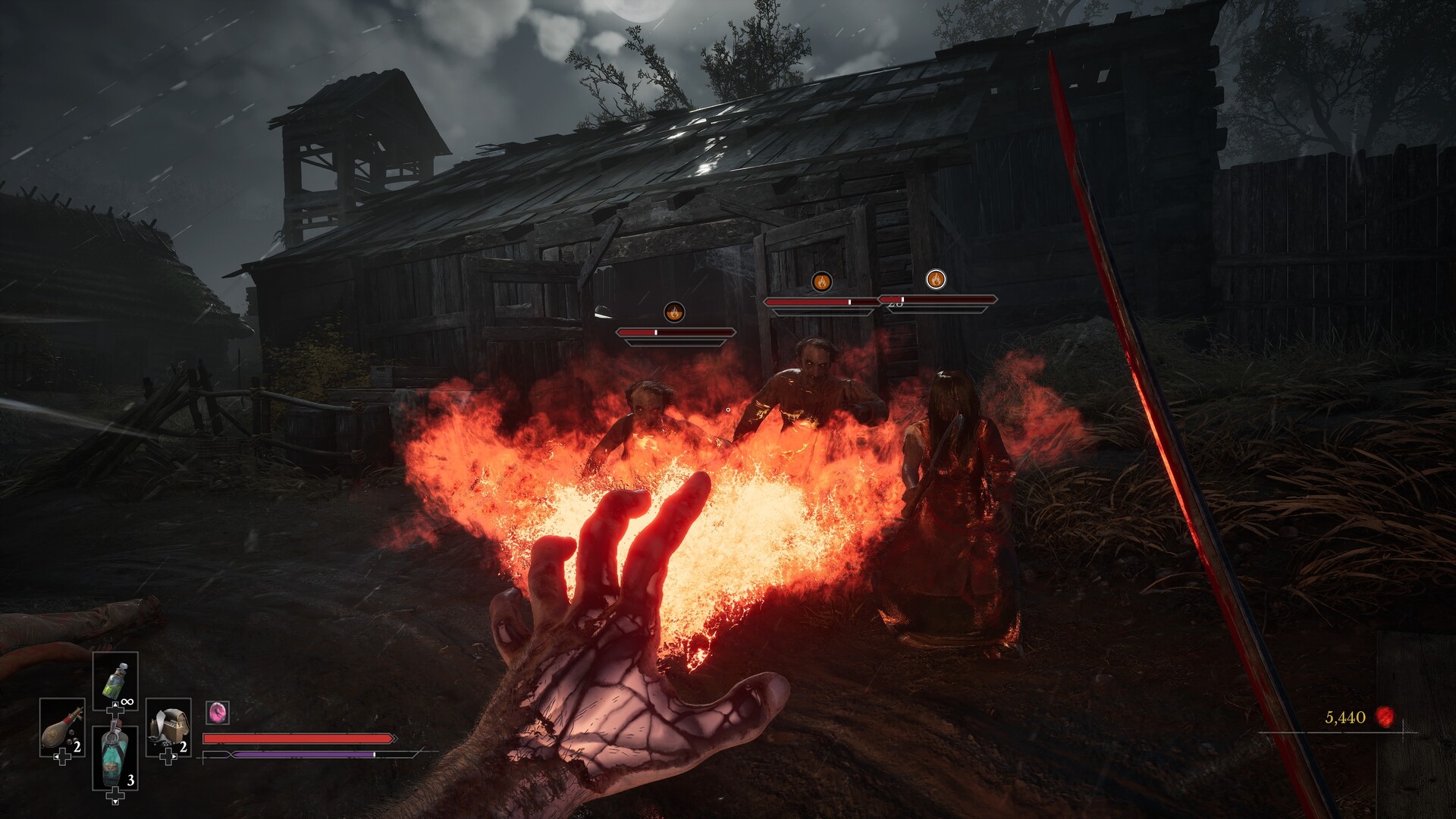 Valor Mortis - transmutacion de fuego lanzada con la mano izquierda contra varios enemigos - Juegosrpg.com