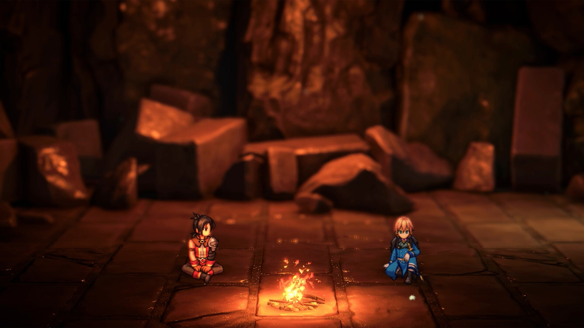 Eiyuden Chronicle Hundred Heroes - dos personajes junto a una hoguera en una cueva - Juegosrpg.com