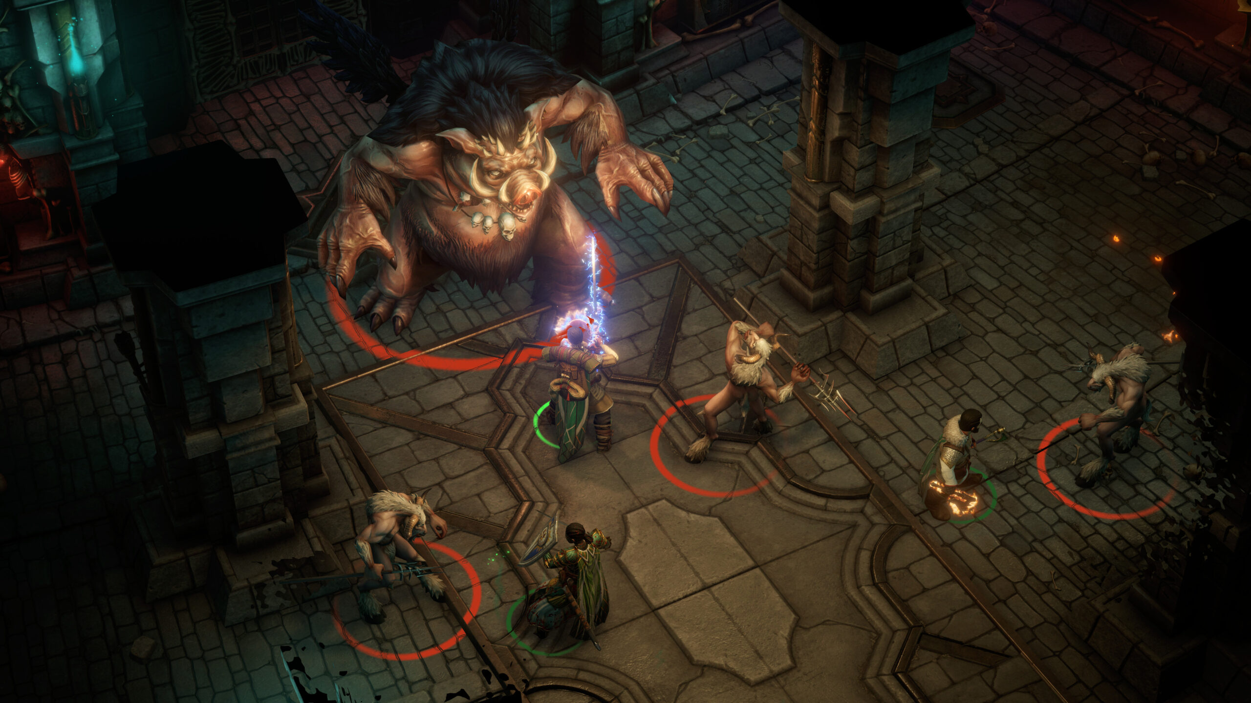 Pathfinder: Wrath of the Righteous - grupo de aventureros combatiendo contra un demonio gigante - Juegosrpg.com