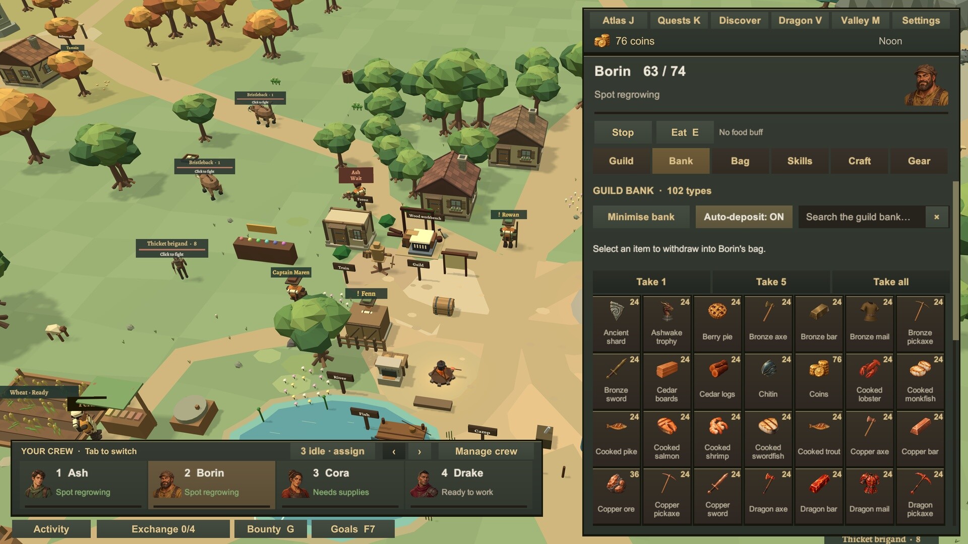 Guild Master - aldea del gremio con el banco de objetos y el equipo de héroes en pantalla - Juegosrpg.com